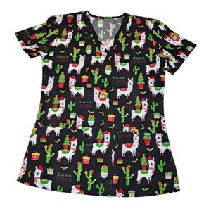 elite Med Performance Scrub Top Womens Microflex Christmas Llama Cactus